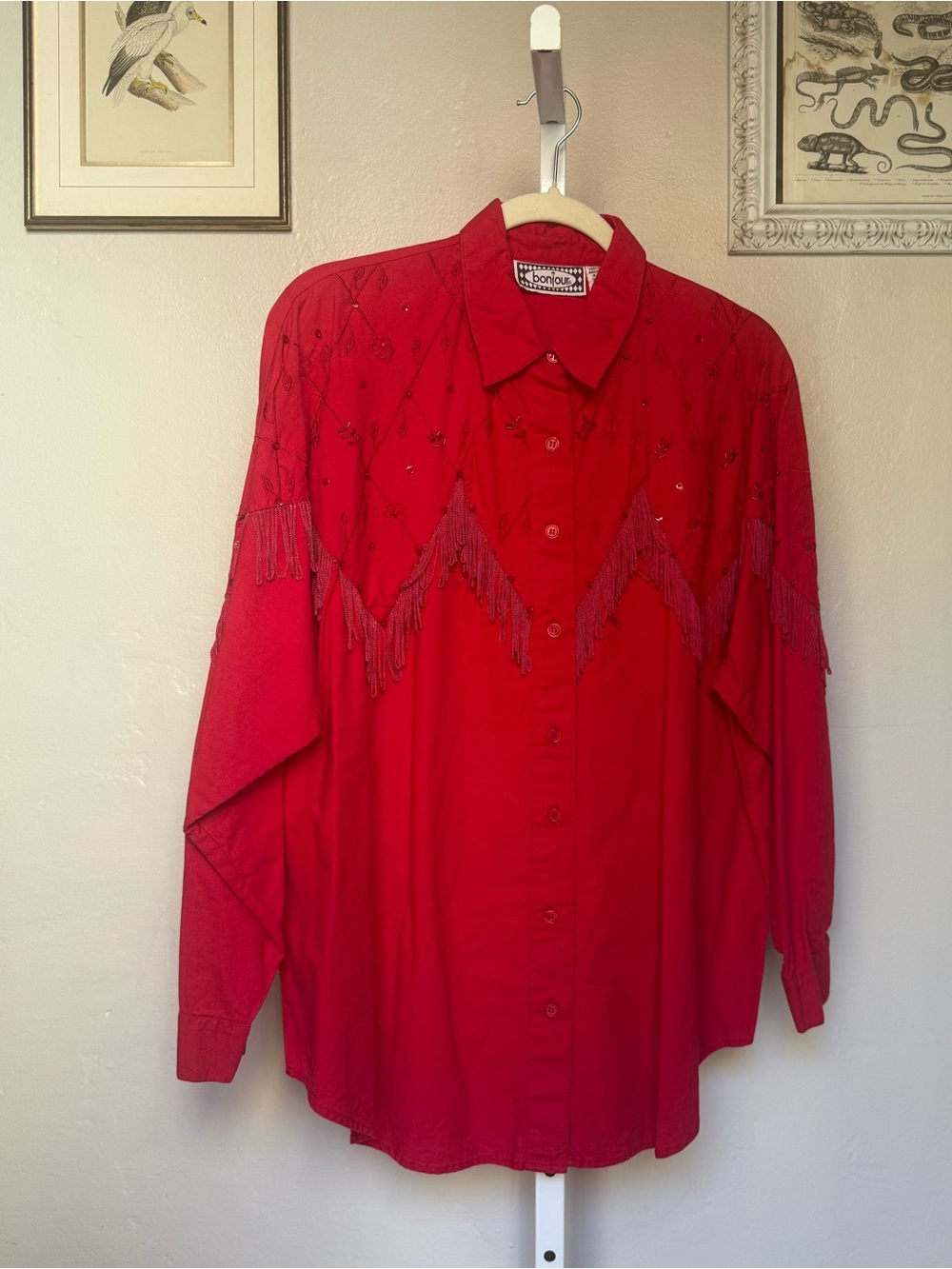 Western Embroidered Fringe Red Button-Up Blouse Plus Size 2X Cotton
